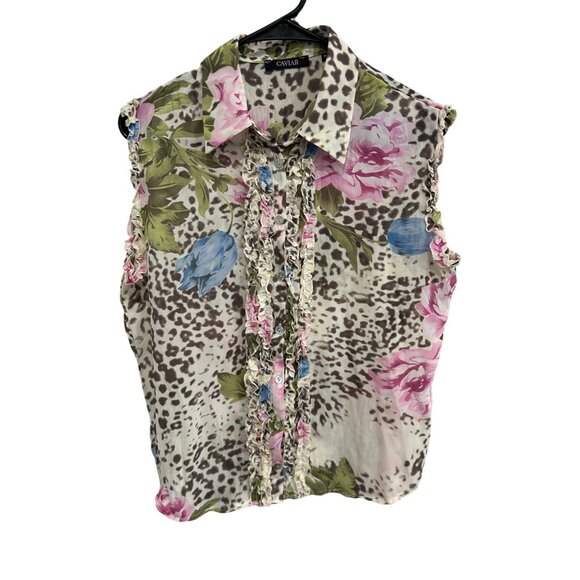 Caviar Leopard Floral Ruffle Button Front Shirt Sz Medium Sleeveless Garden - Picture 1 of 8